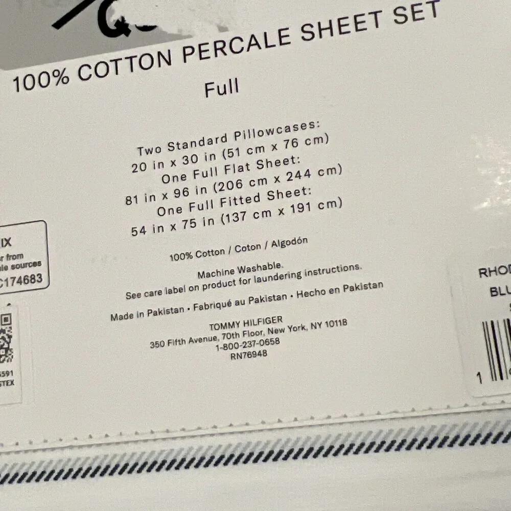 Tommy Hilfiger Home FULL Sheet Set Rhode Island Blue Stripe 100% Cotton Percale